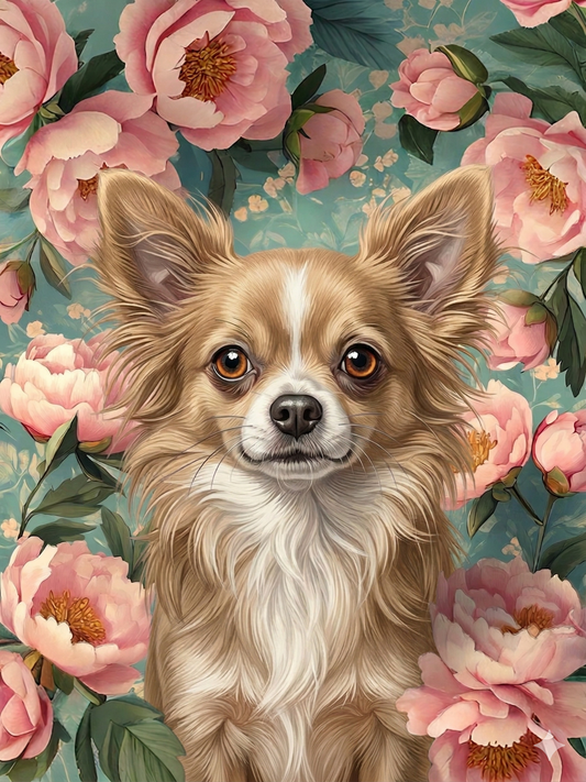 Long Hair Chihuahua In Peonies Diamond Art Kit