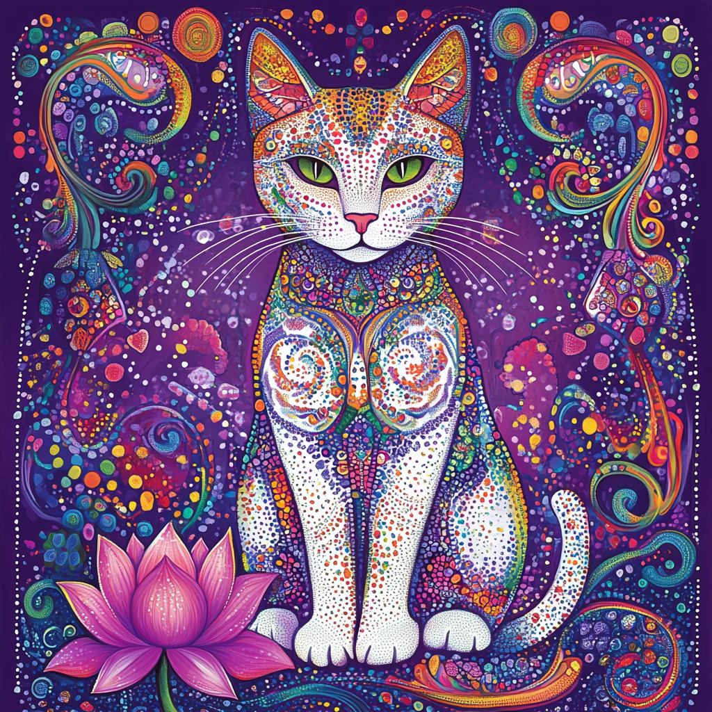 Lotus Flower Abstract White Cat Diamond Art Kit