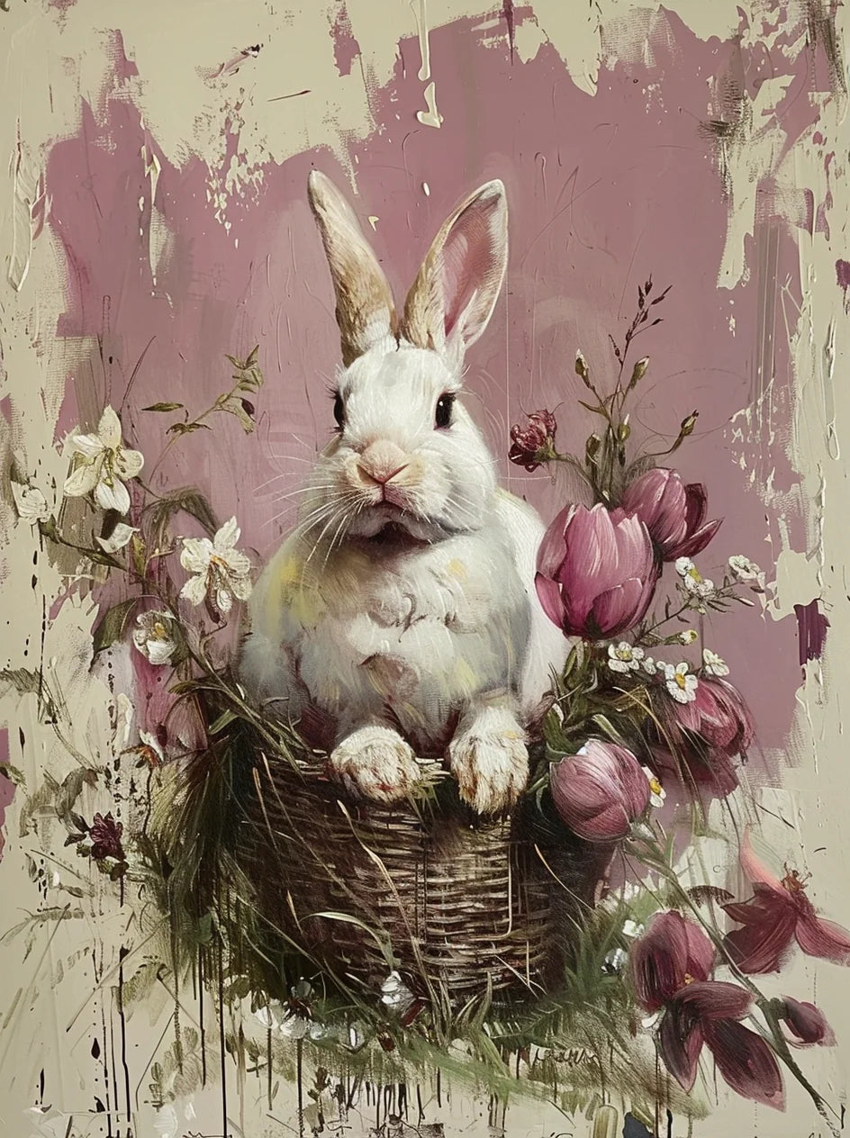 Mauve Tulips And White Rabbit Diamond Art Kit