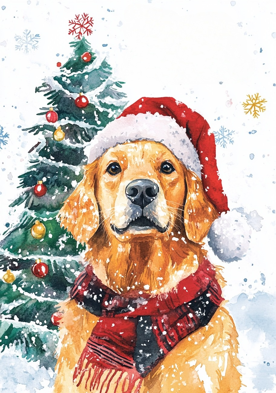 Merry Christmas Watercolor Golden Retriever Diamond Art Kit
