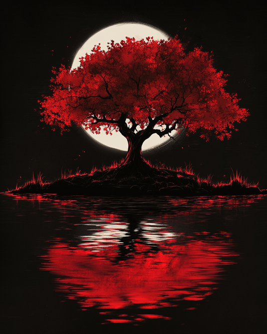 Moon Behind a Red Tree Diamond Art Kit