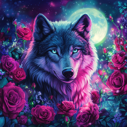 Moon Glow Wolf and Roses Diamond Art Kit