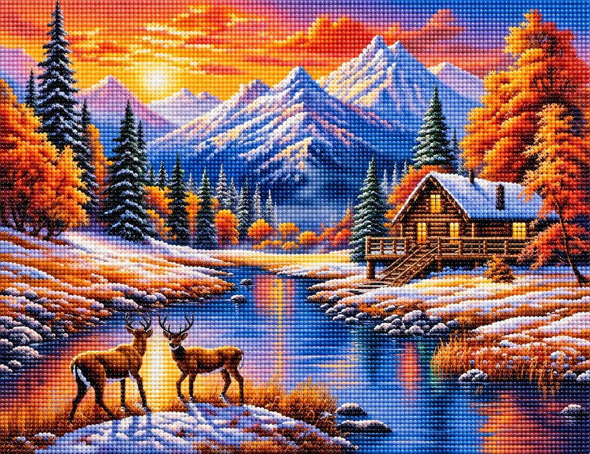 Mountain Cabin And Two Bucks Diamond Art Kit