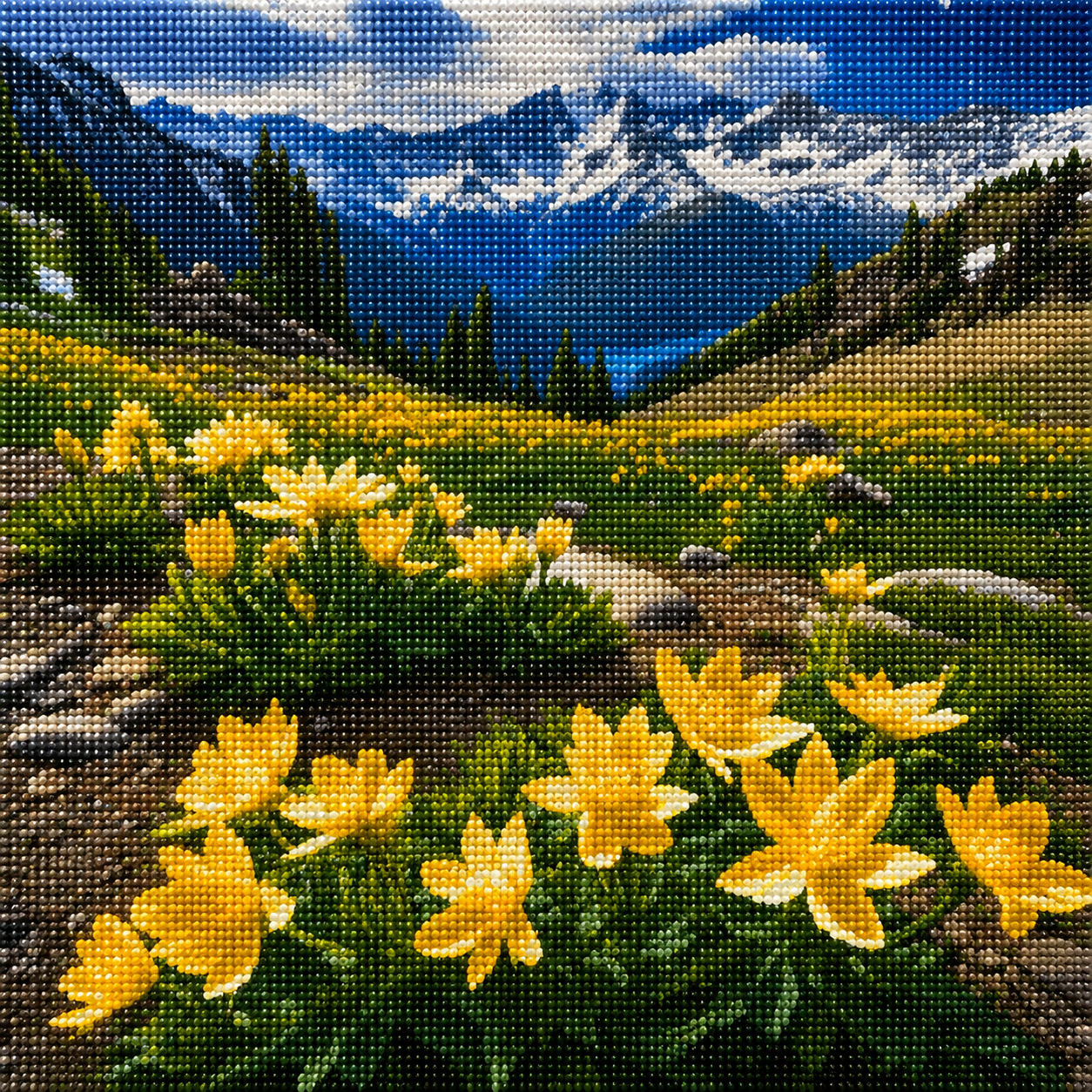 Mountain Valley Lake With Yellow Flowers Diamond Art Kit