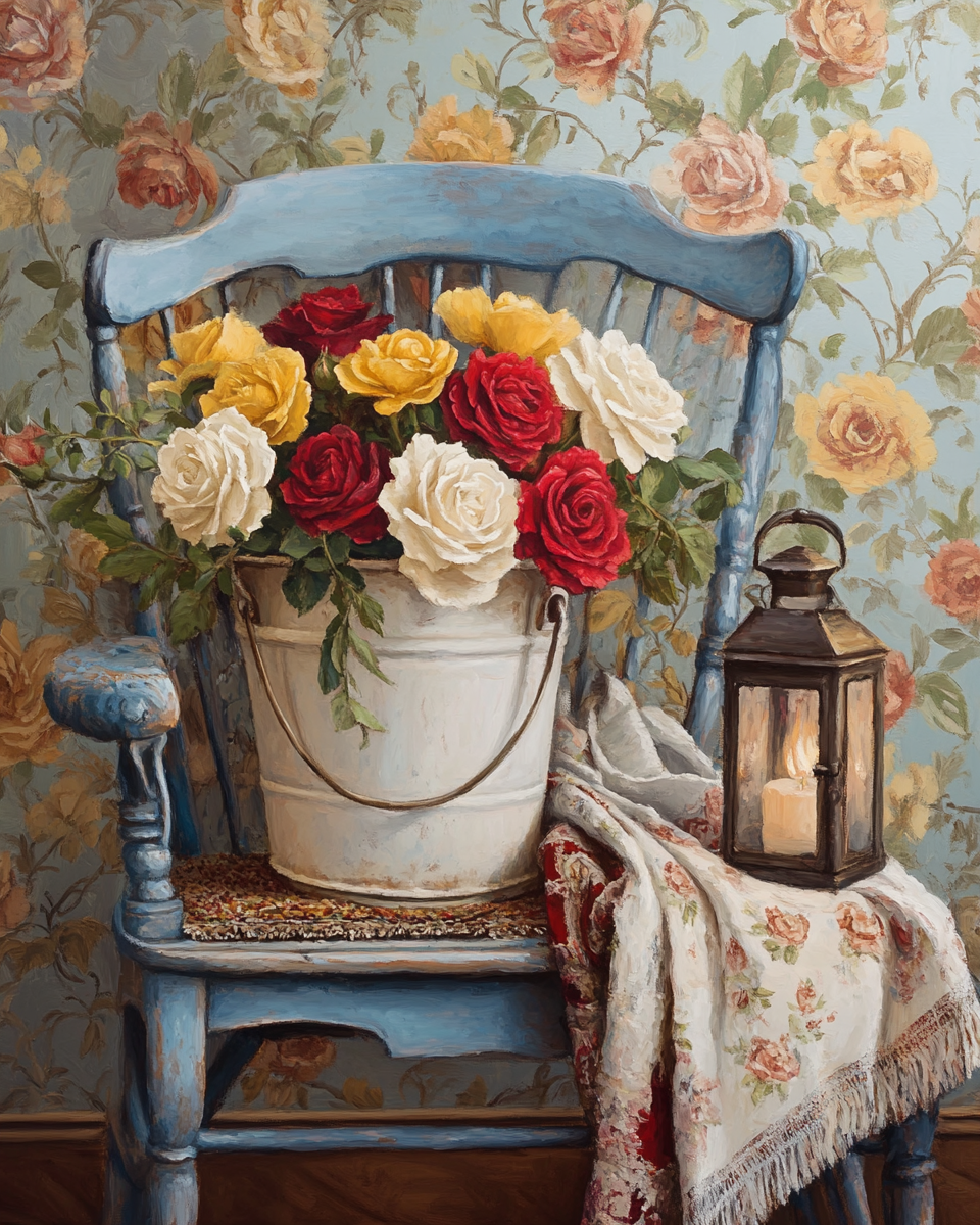 Old Blue Chair and Roses Diamond Art Kit