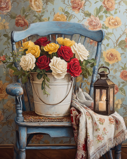 Old Blue Chair and Roses Diamond Art Kit