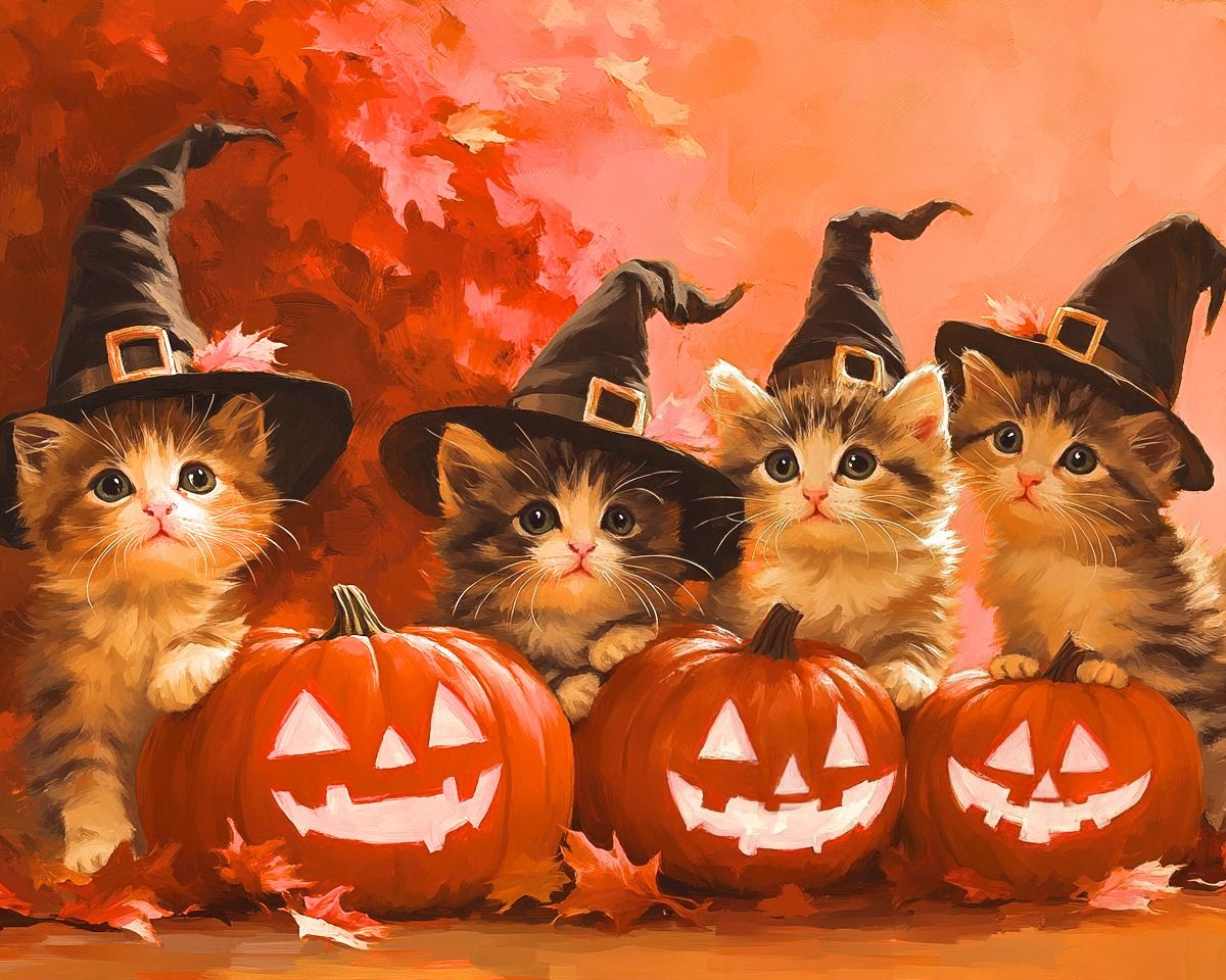 Orange Background Kittens and Pumpkins Diamond Art Kit