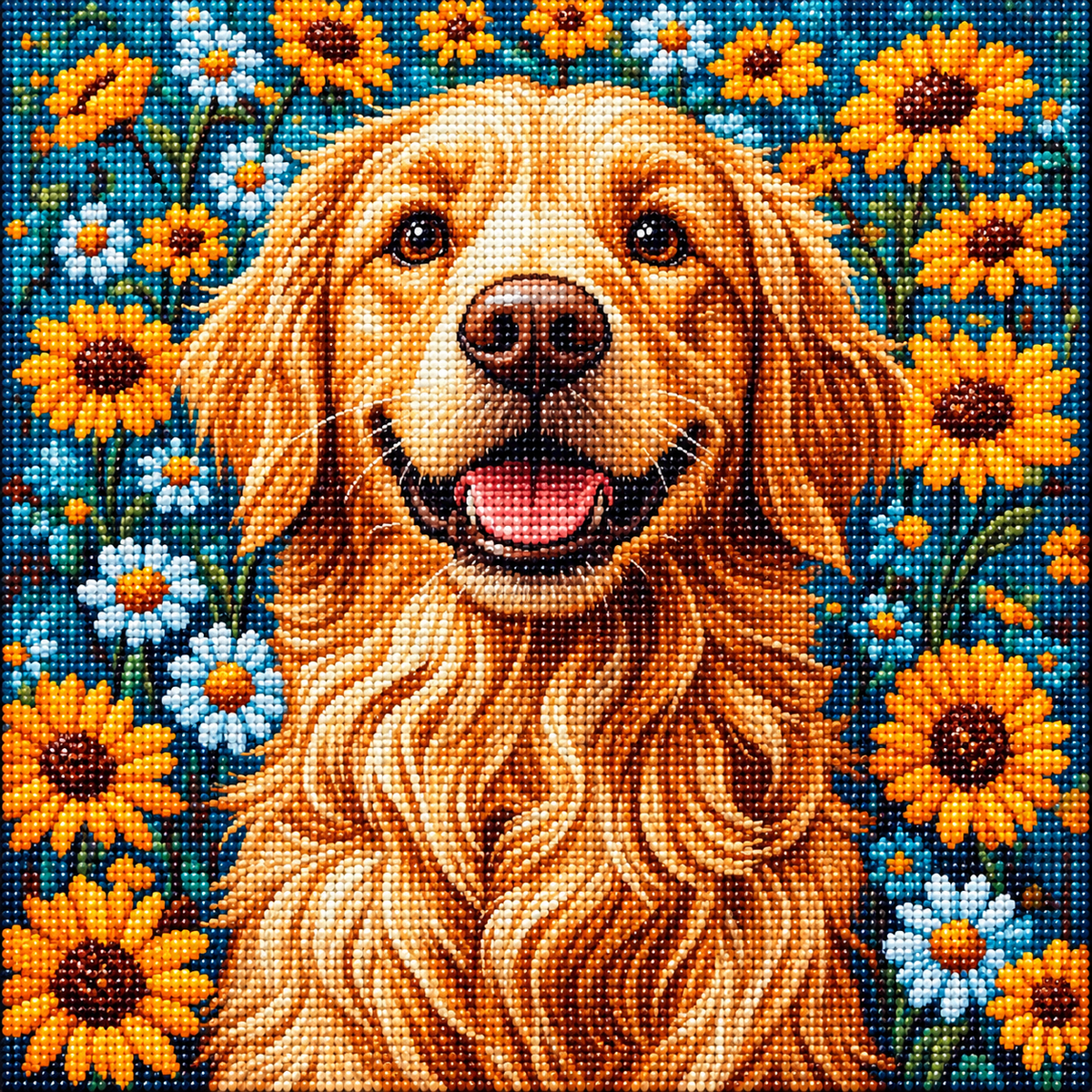 Orange And Blue Flower Golden Retriever Diamond Art Kit