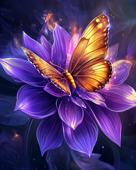 Orange Butterfly and Purple Flower Diamond Art Kit