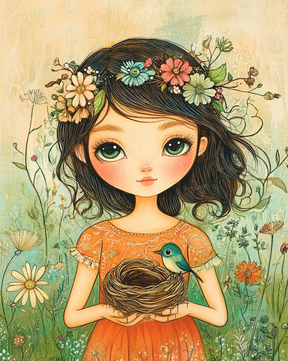 Orange Dress Girl and Bird Nest Diamond Art Kit