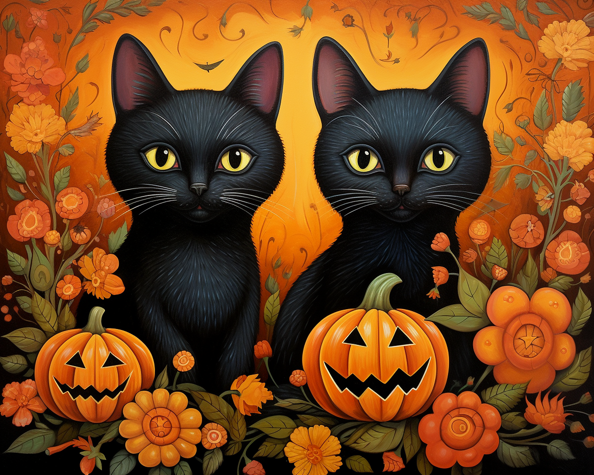 Orange Flower Black Kittens Diamond Art Kit
