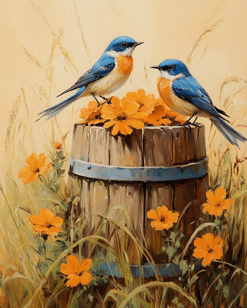 Orange Flowers Blue Birds and Barrel Diamond Art Kit