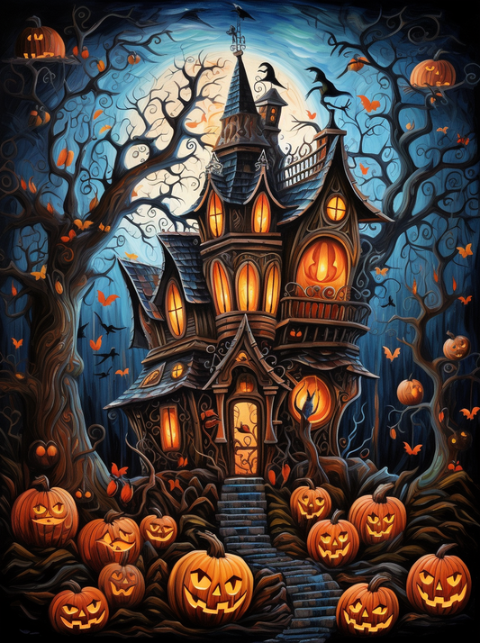 Orange Glowing Haunted House Diamond Art Kit