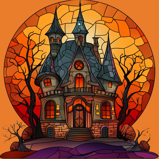 Orange Moon Abstract Haunted House Diamond Art Kit