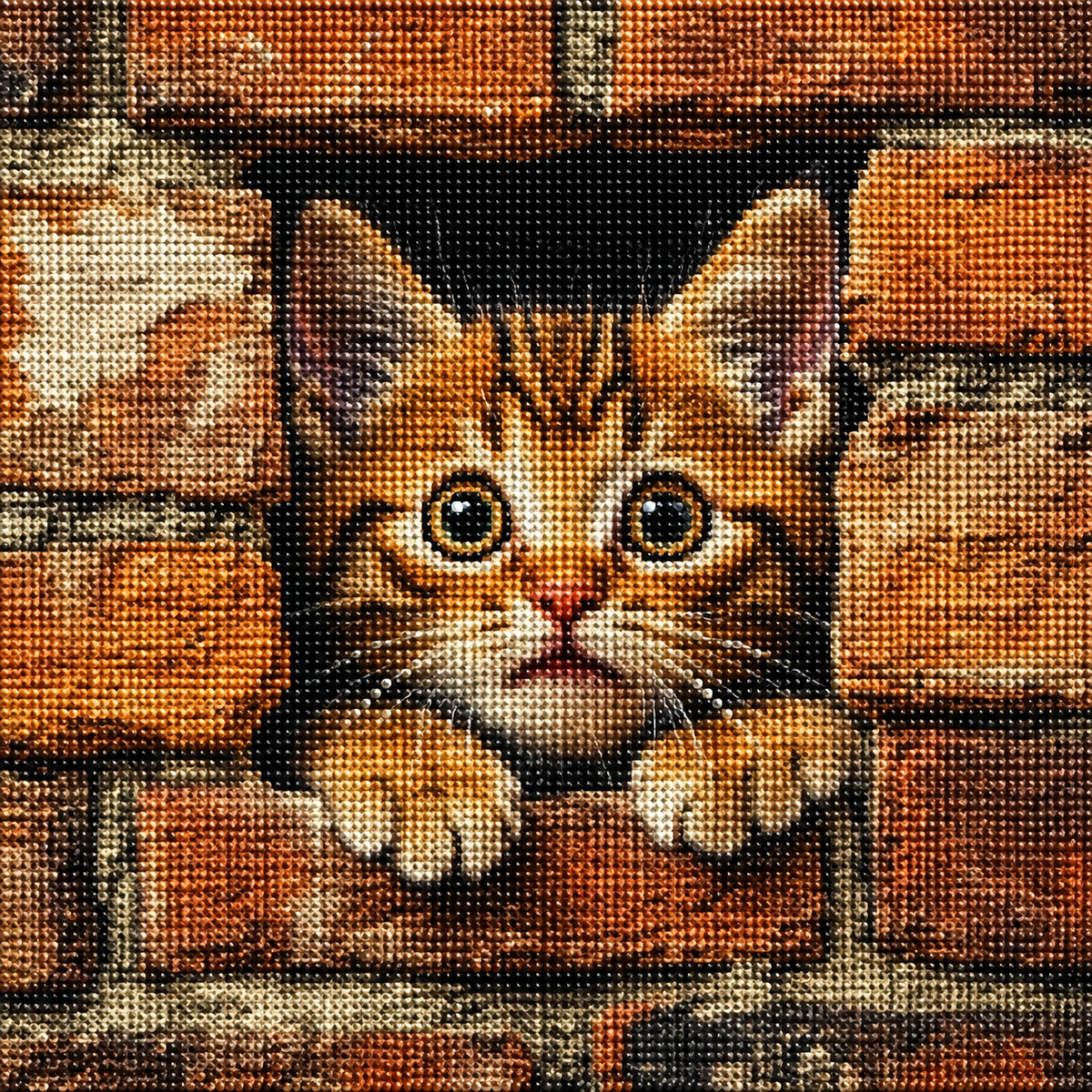 Orange Striped Kitten Brick Wall Diamond Art Kit