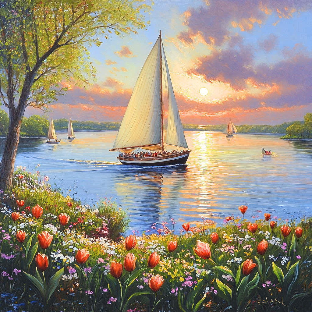 Orange Tulips and Large Sailboat Diamond Art Kit