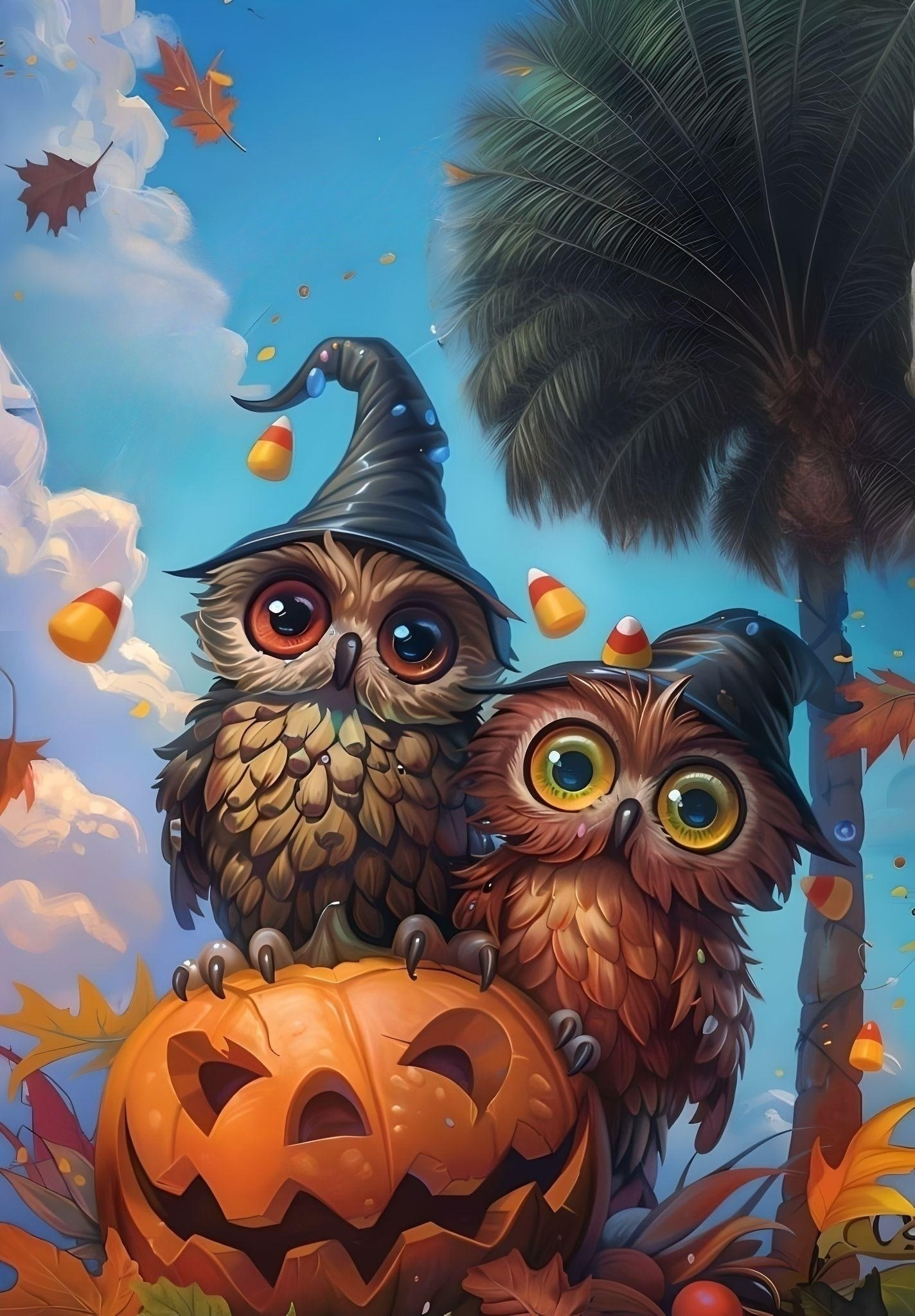 Palm Tree and Pumpkin Owls Diamond Art Kit