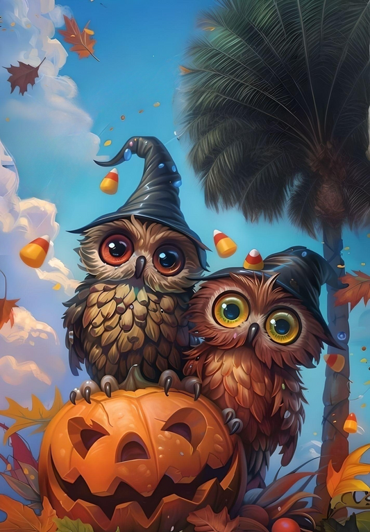 Palm Tree and Pumpkin Owls Diamond Art Kit