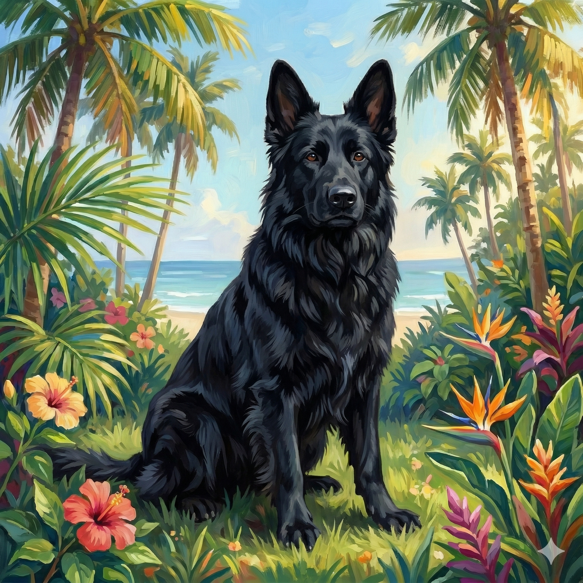 Palm Tree Summer Black German Shepherd Diamond Art Kit