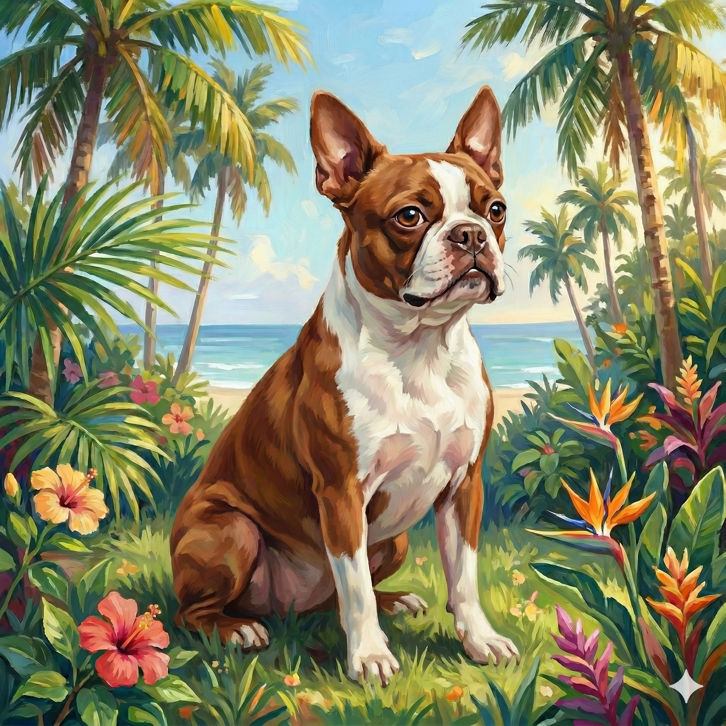 Palm Tree Summer Red Boston Terrier Diamond Art Kit