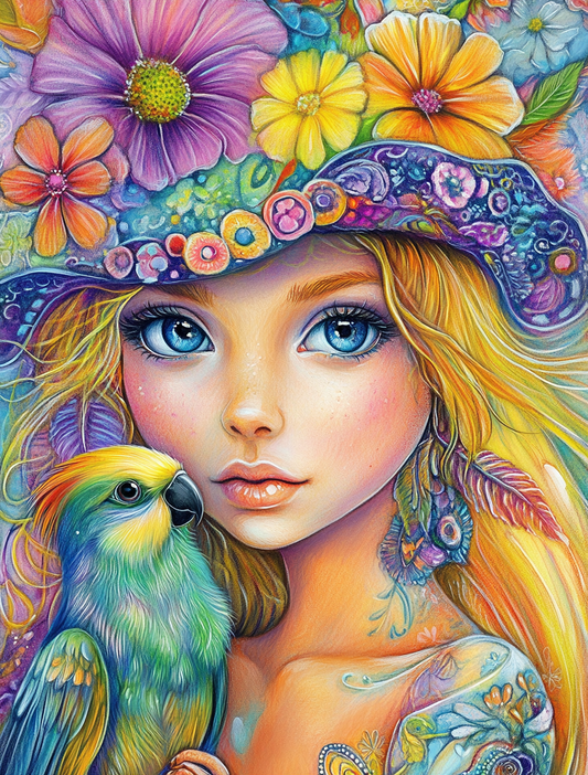 Parrot and Blue Eyed Girl Diamond Art Kit