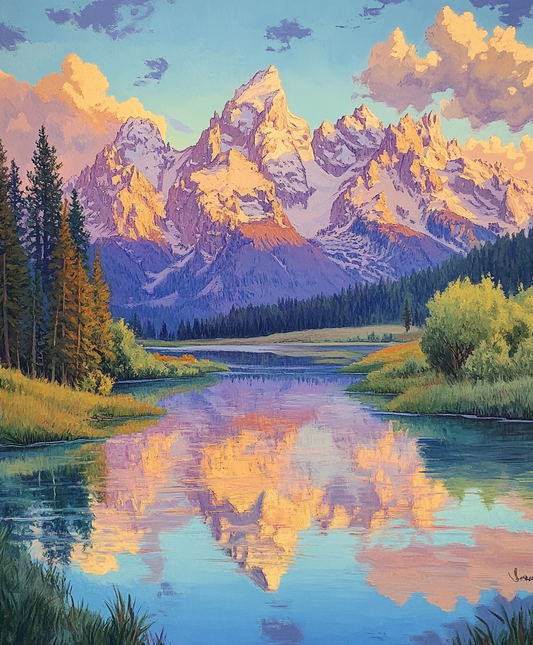 Pine Trees and Mountain Reflection Diamond Art Kit