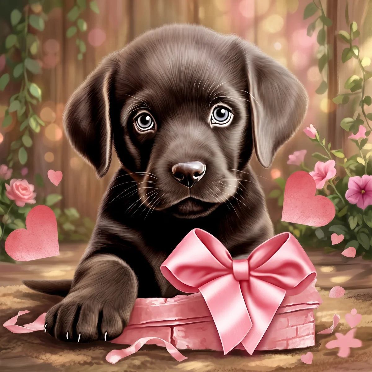 Pink Bow Chocolate Lab Puppy Diamond Art Kit