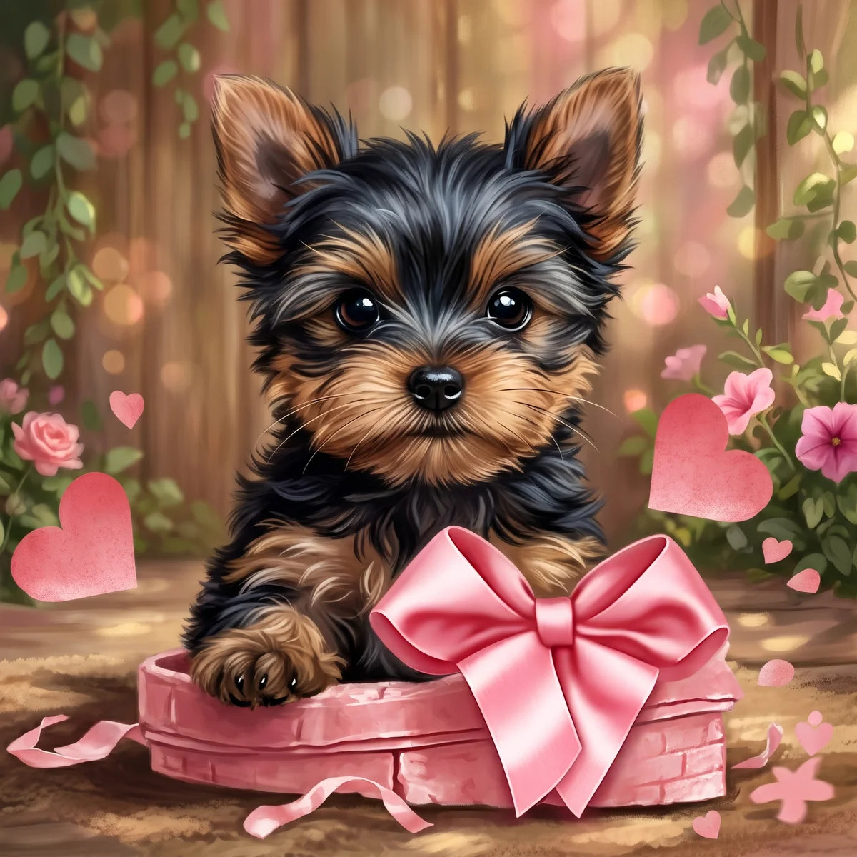 Pink Bow Yorkshire Terrier Puppy Diamond Art Kit