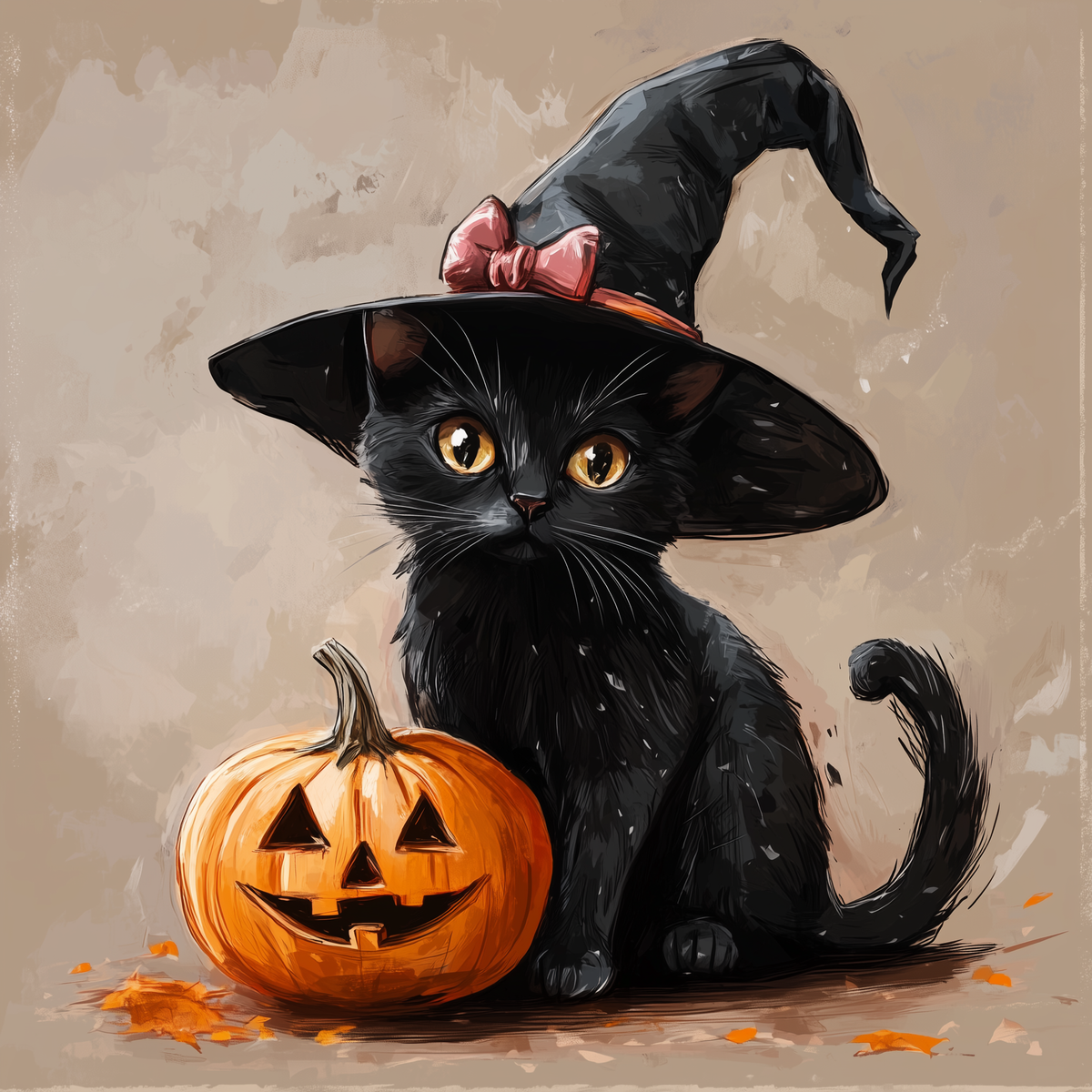 Pink Bow Witch Hat Cat Diamond Art Kit