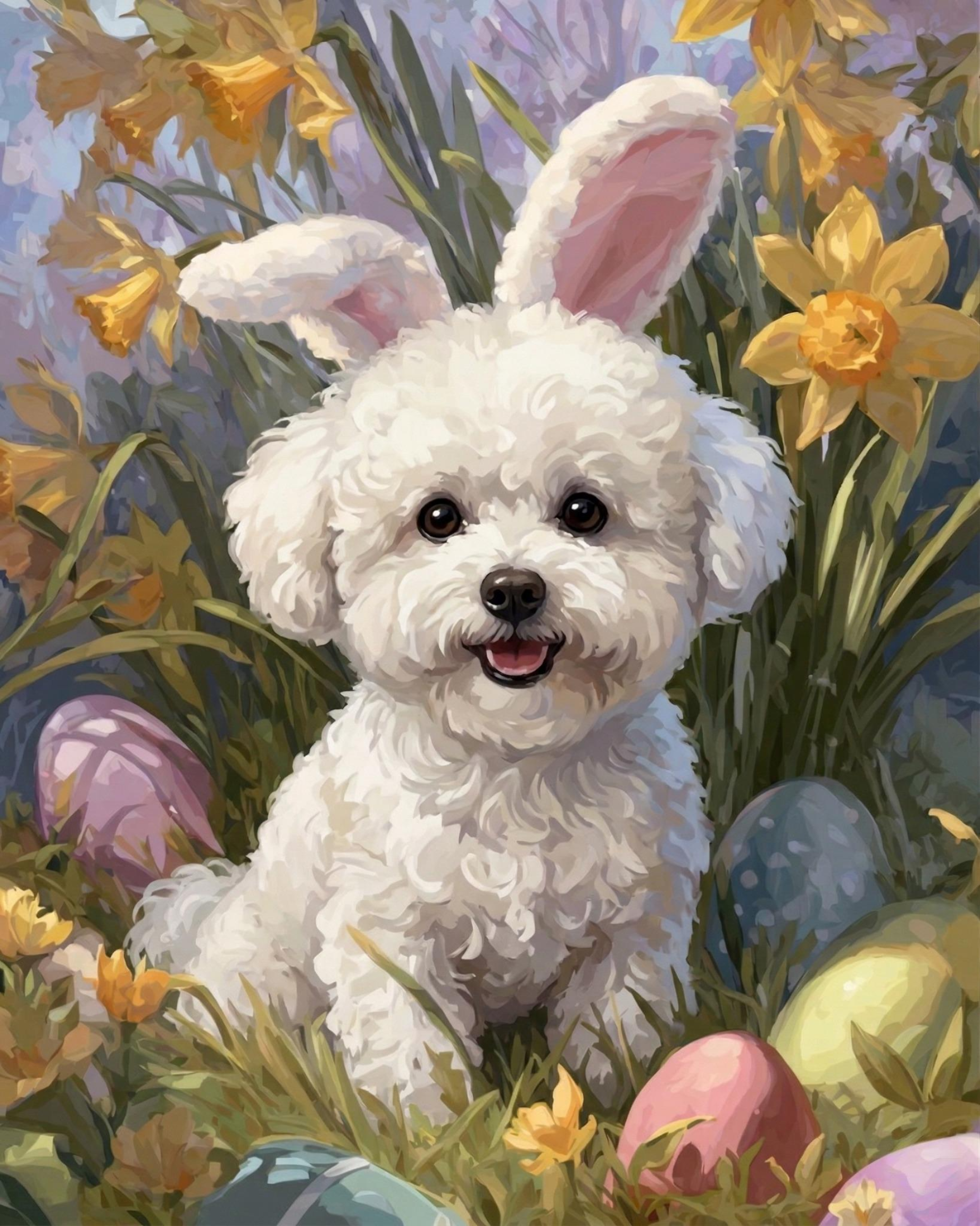 Pink Bunny Ears Bichon Frise Diamond Art Kit