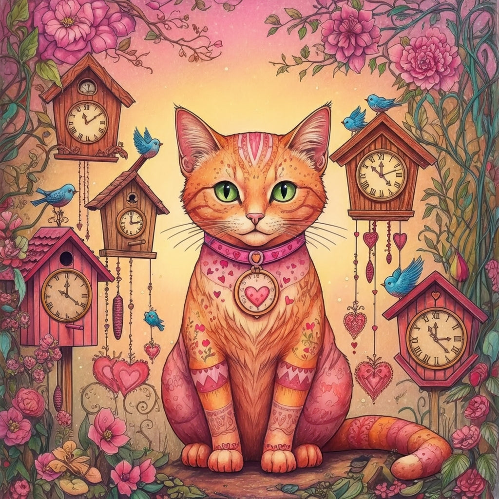 Pink Flower Cat and Clocks Diamond Art Kit