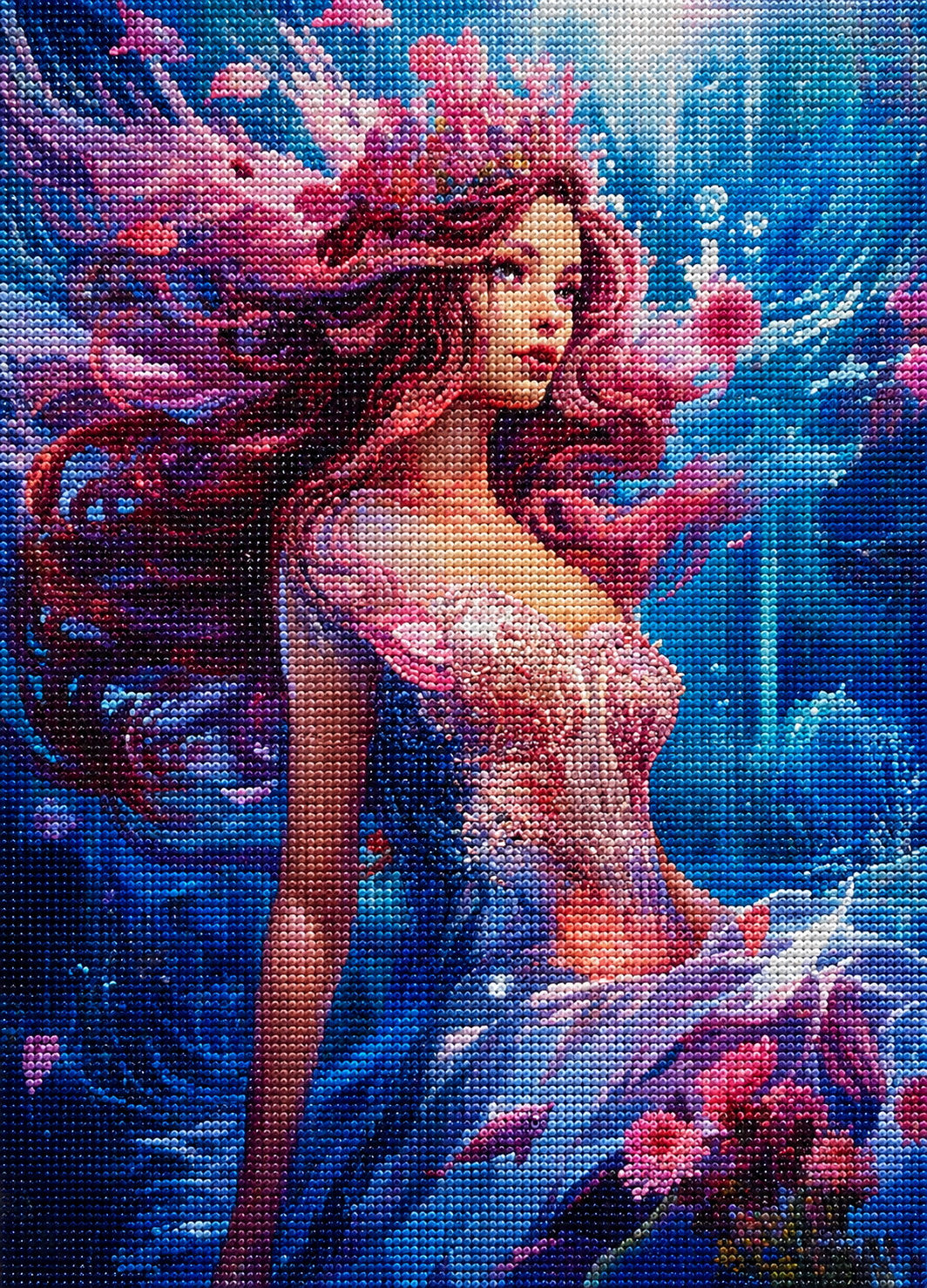 Pink Flower Hair Water Girl Diamond Art Kit