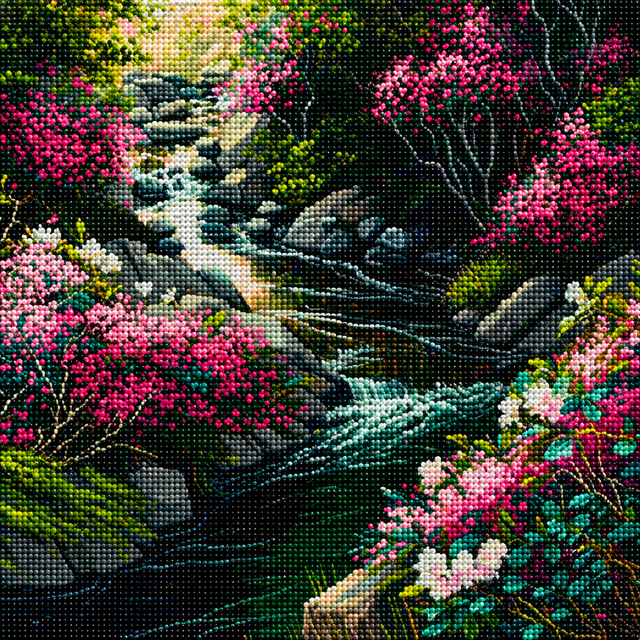 Pink Flower Mountain Stream Diamond Art Kit