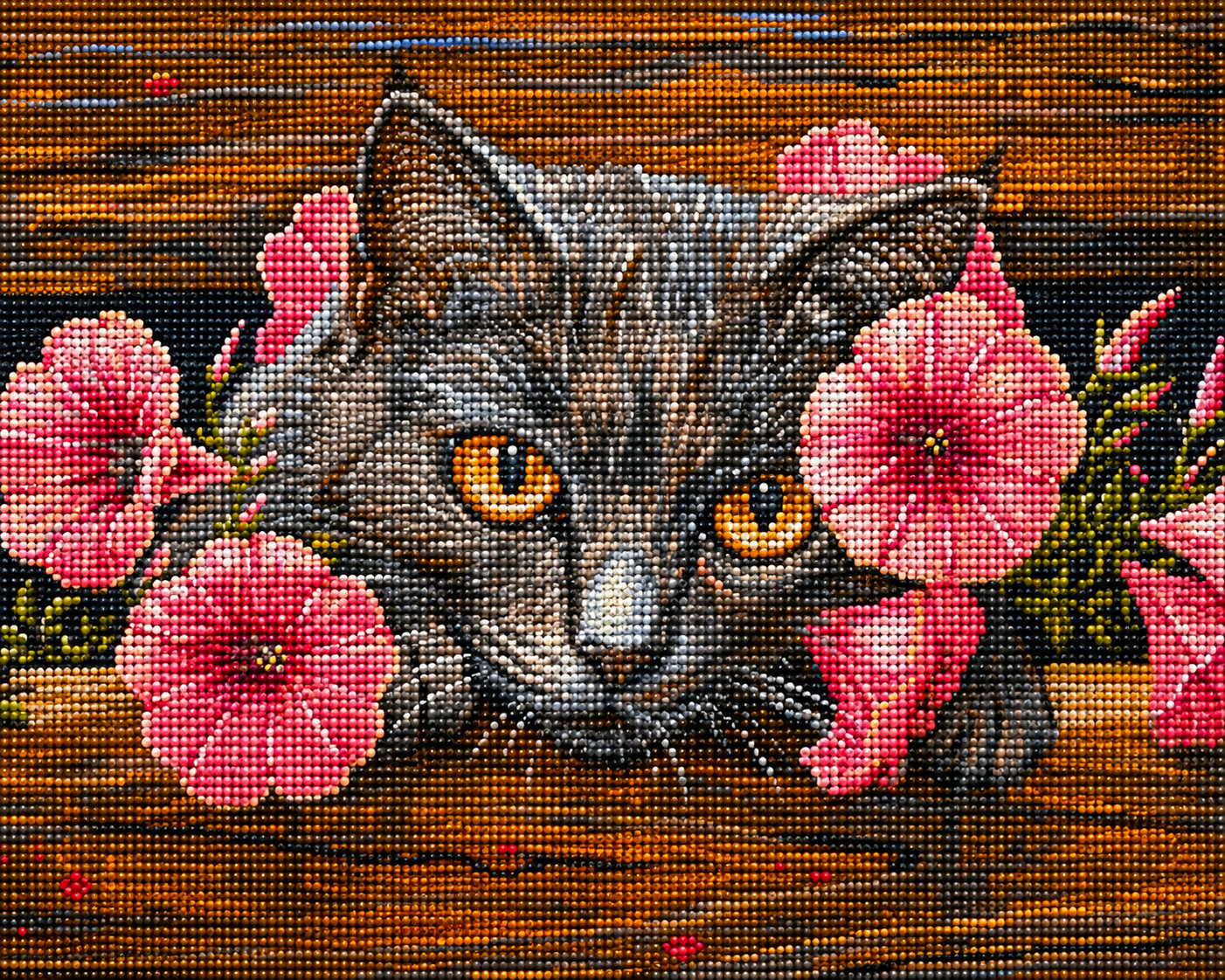 Pink Flowers And Gray Cat Diamond Art Kit