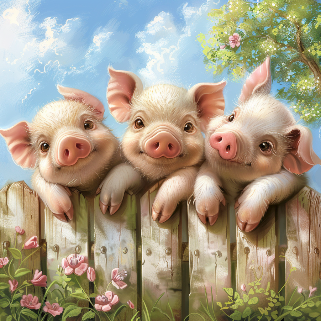 Pink Flower Three Pigs Diamond Art Kit