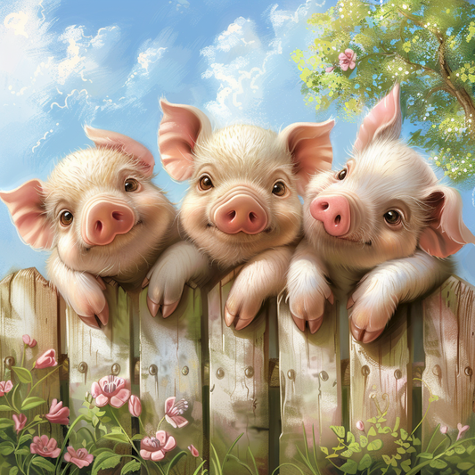 Pink Flower Three Pigs Diamond Art Kit