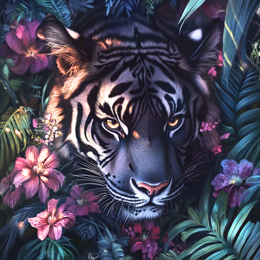 Pink Flower Tiger in the Shadows Diamond Art Kit