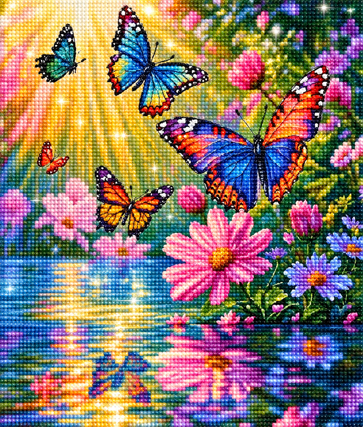 Pink Flower Water Butterflies Diamond Art Kit