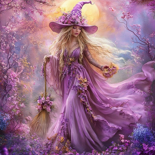 Pink Hat Witch and Broom Diamond Art Kit