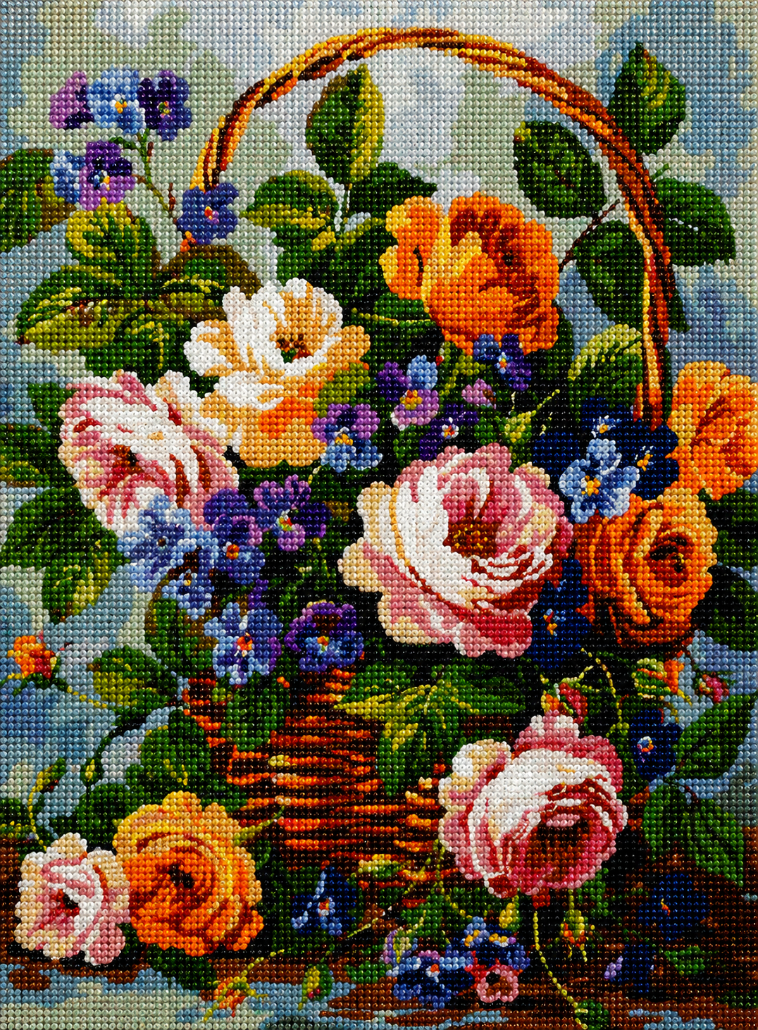Pink, Orange, and Blue Flowers In A Basket Diamond Art Kit