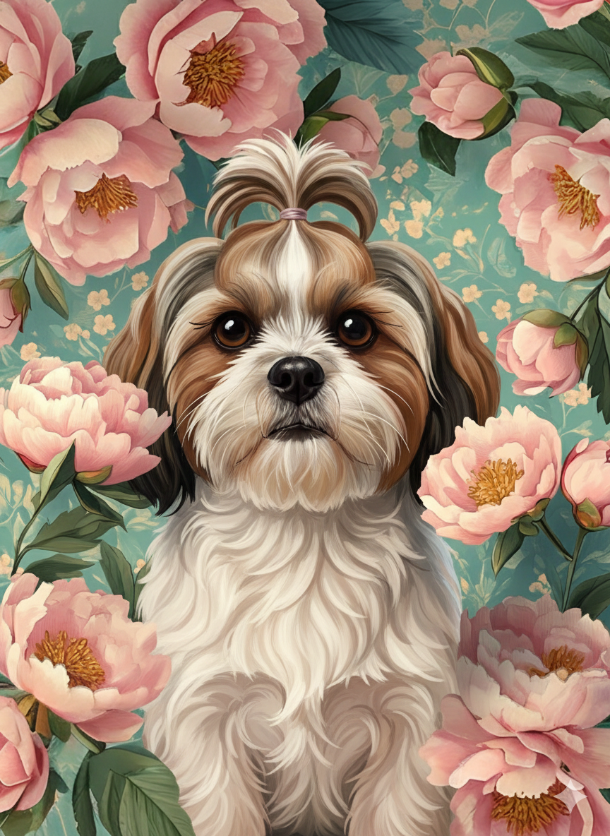 Pink Peony Shih Tzu Diamond Art Kit