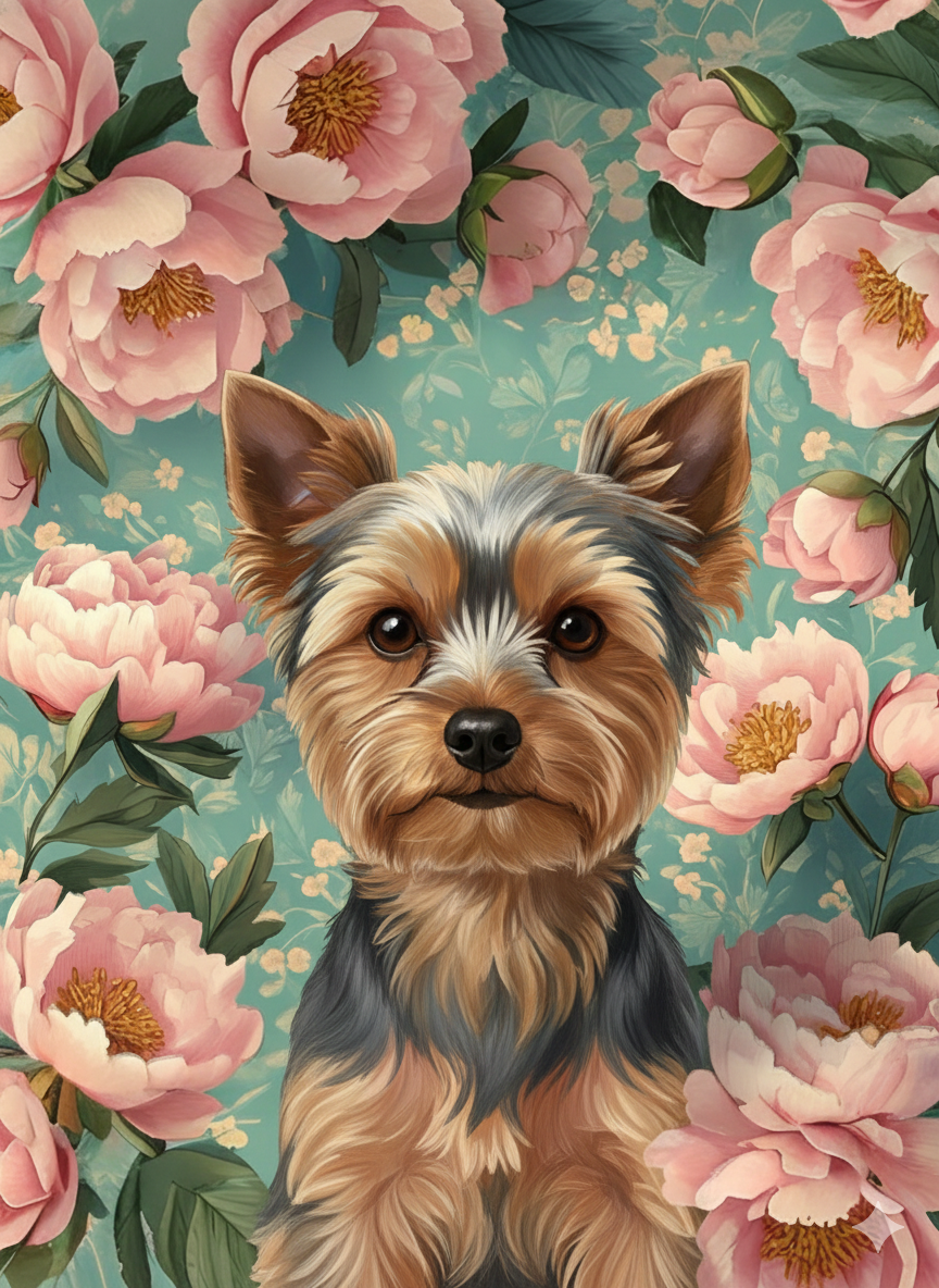 Pink Peony Yorkshire Terrier Diamond Art Kit