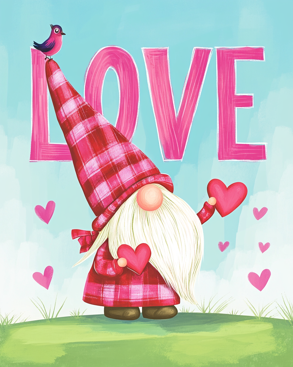 Pink Plaid Love Gnome Diamond Art Kit