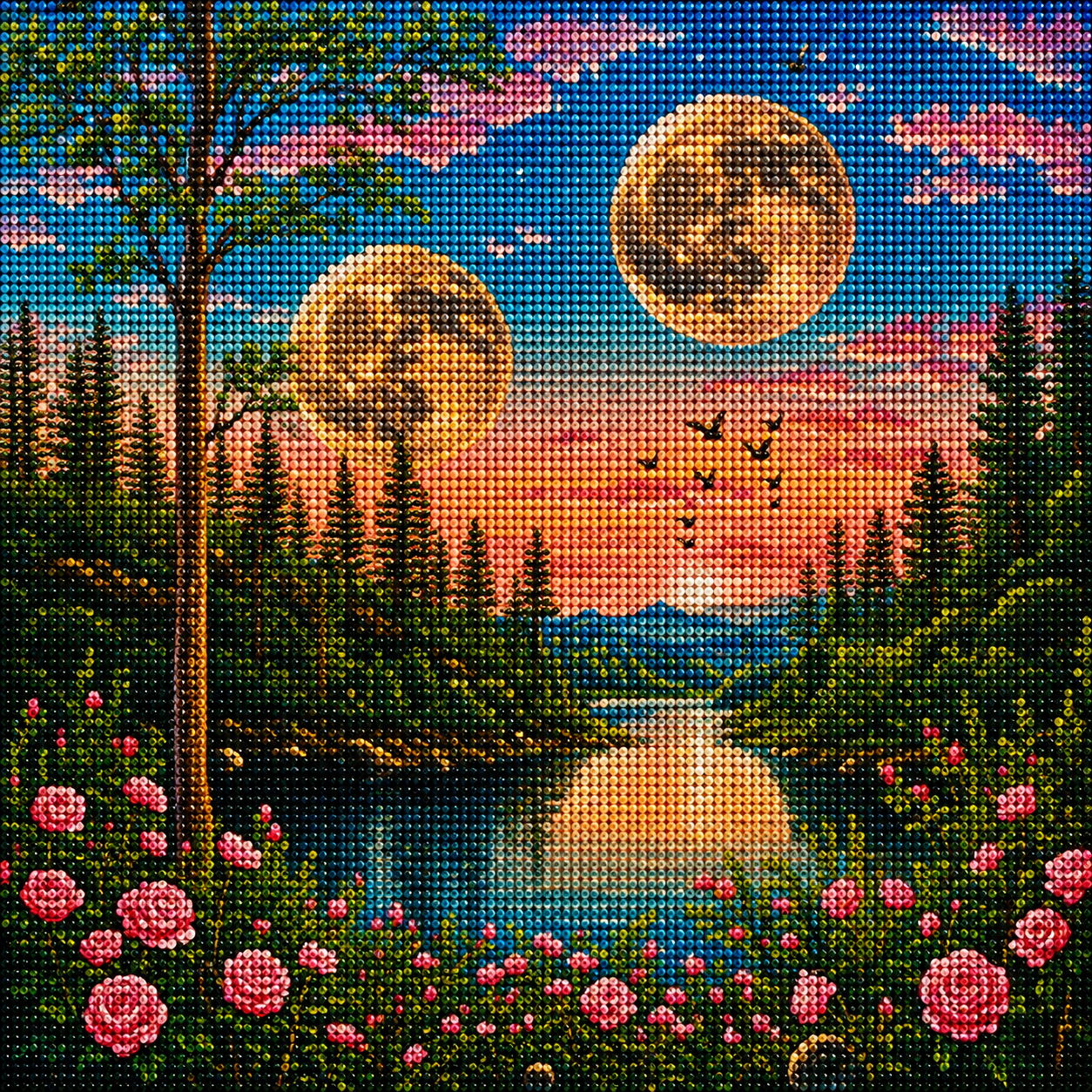 Pink Roses Lake Double Moon Diamond Art Kit