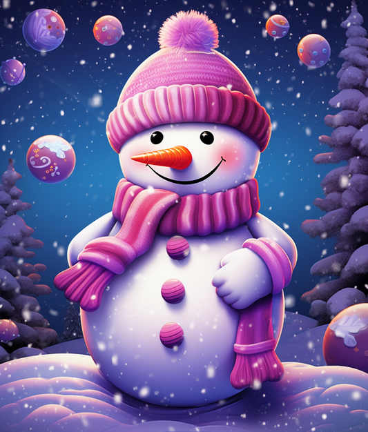 Pink Scarf Snowman in the Snow Diamond Art Kit