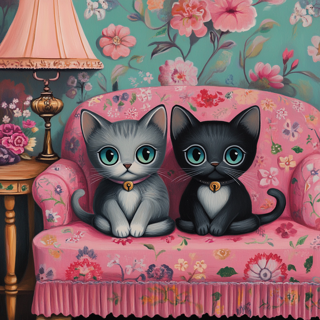 Pink Sofa Grey and Black Cats Diamond Art Kit
