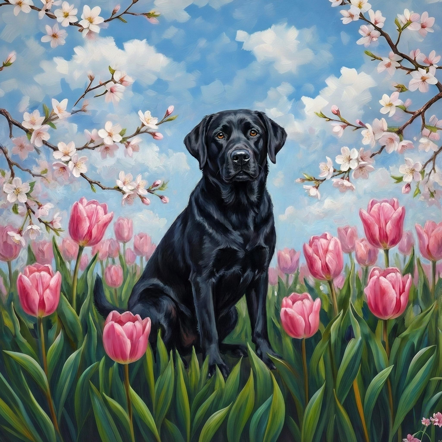 Pink Tulip Black Labrador Retriever Diamond Art Kit