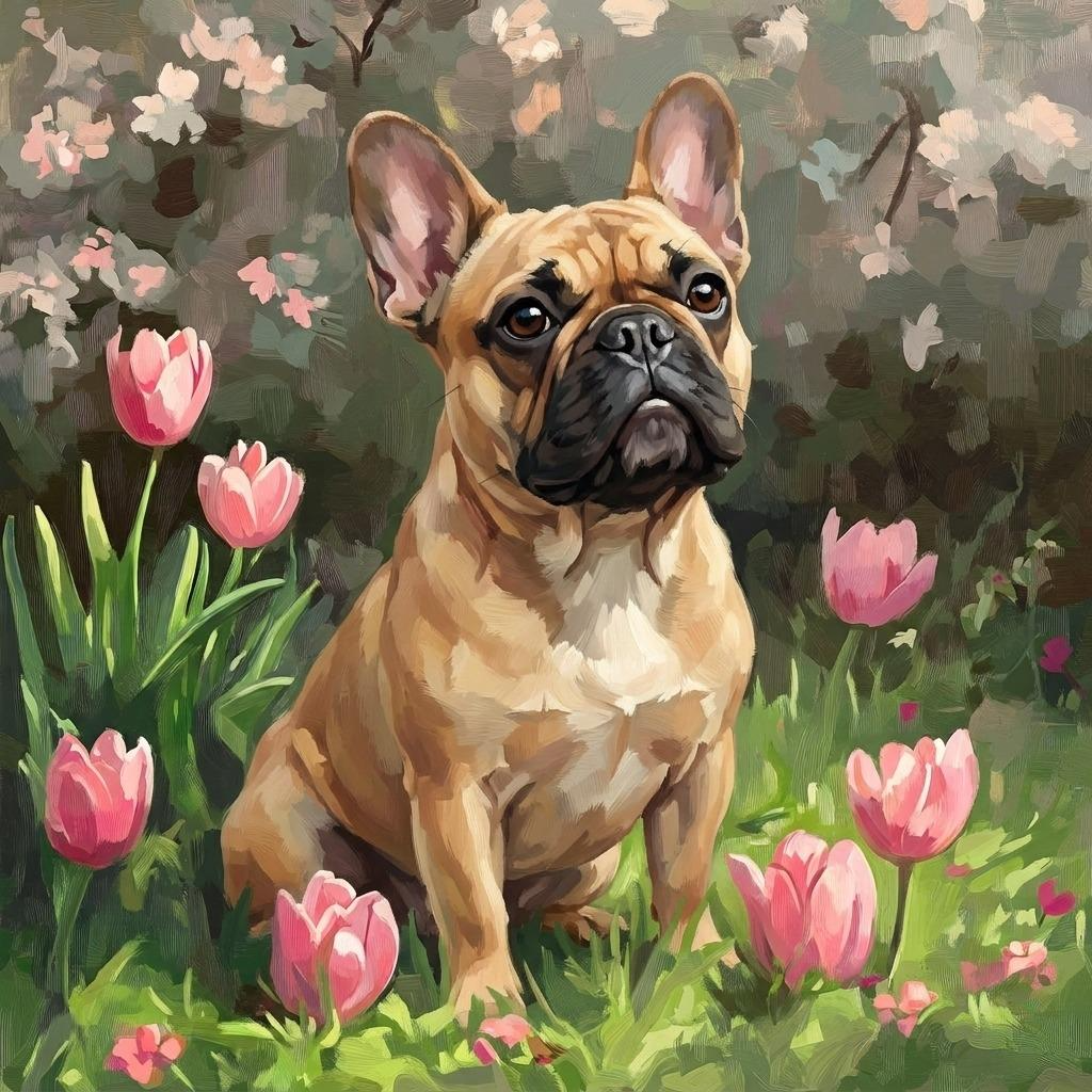 Pink Tulips and French Bulldog Diamond Art Kit