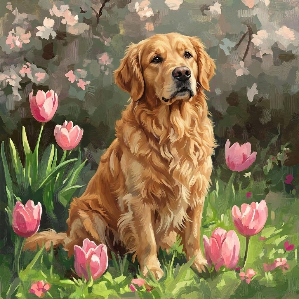 Pink Tulips and Golden Retriever Diamond Art Kit