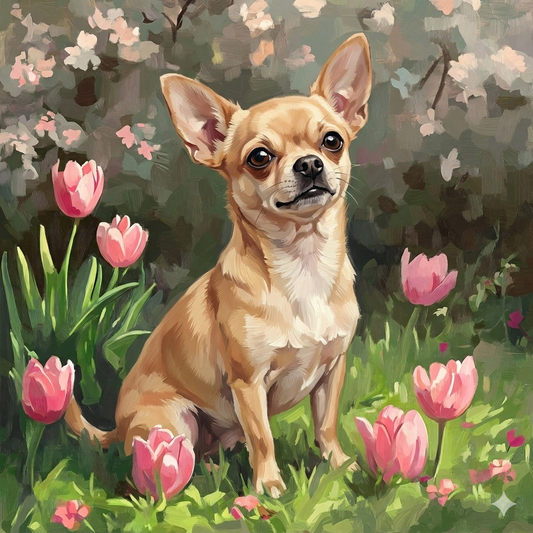 Pink Tulips and Short Hair Chihuahua Diamond Art Kit